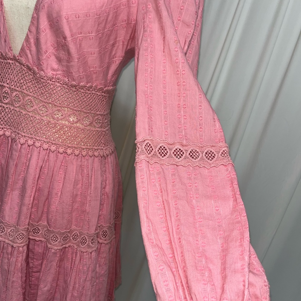 Free People The Delightful Dusty Pink V Neck Tiered Bohemian Mini Dress Size 4 - Picture 5 of 8